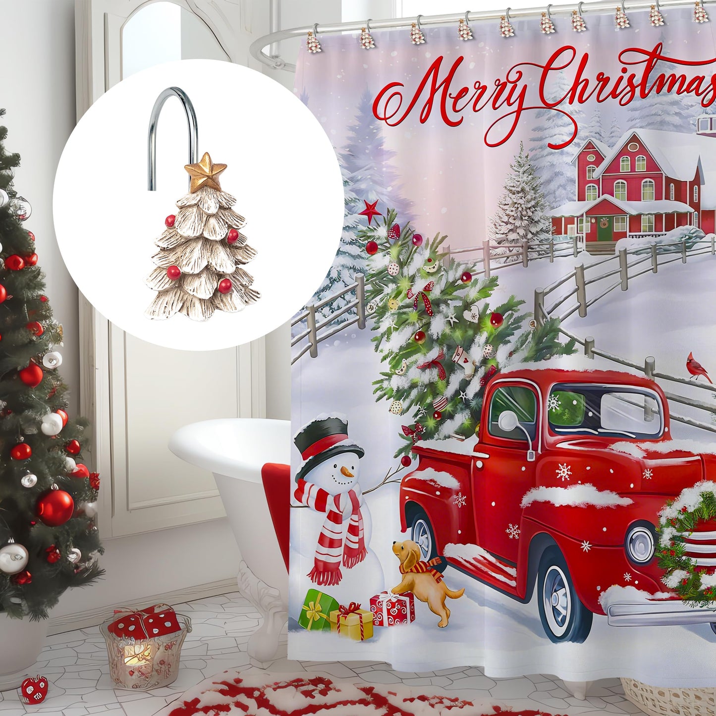 Sunlit Christmas Tree Decorative Shower Curtain Hooks with Star, Green Shower Curtain Rings, Resin, Xmas Theme Winter Holiday Bathroom Decoration, Set of 12