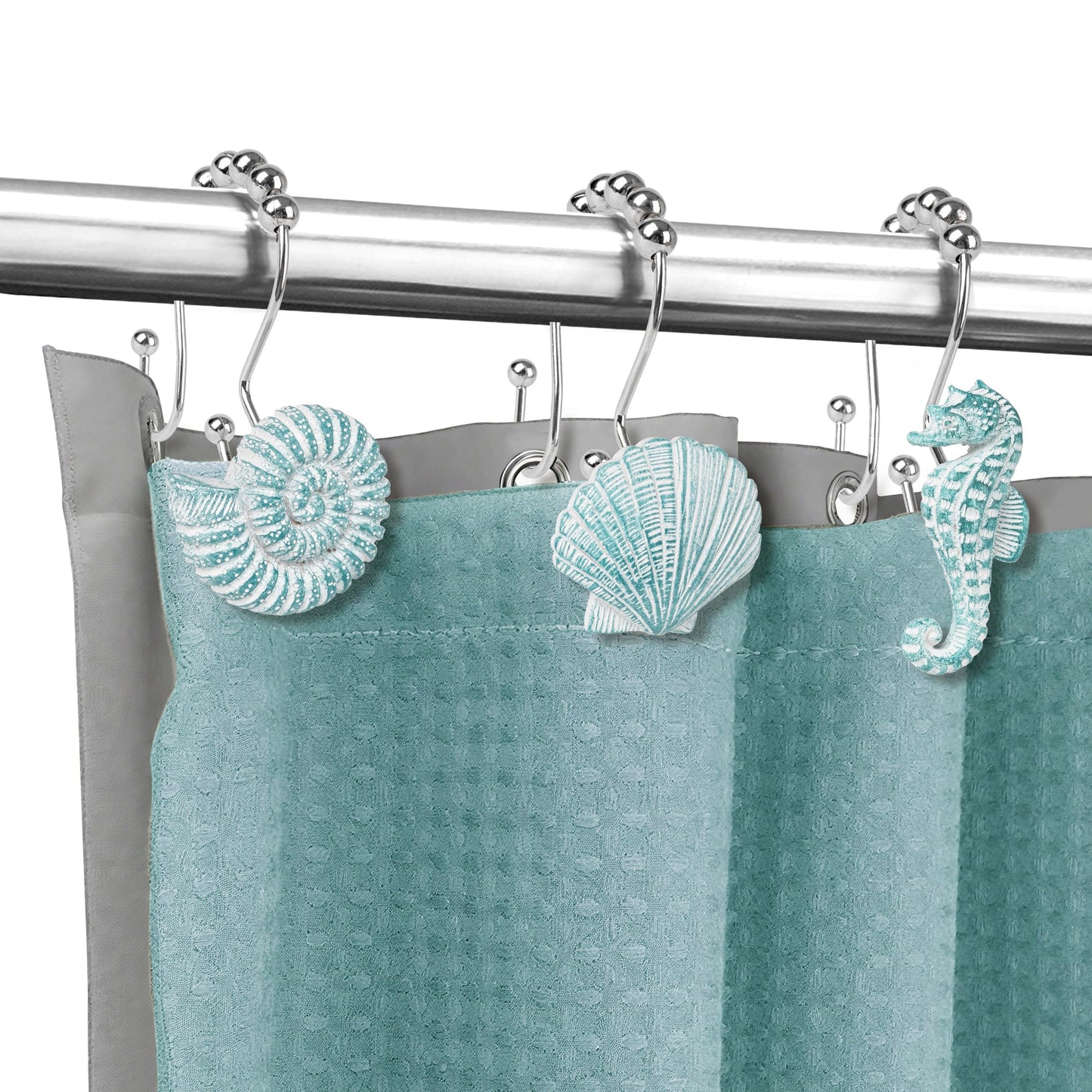 Sunlit Seashells Decorative Shower Curtain Hooks, Aqua Blue Ocean Creatures Coastal Shower Curtain Rings with Black Hooks, Resin, Nautical Bathroom Decoration Beach Shower Curtain Hooks, Set of 12