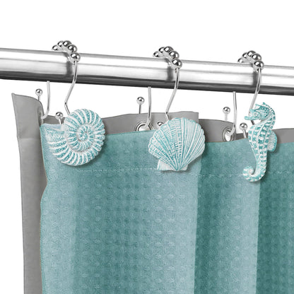 Sunlit Seashells Decorative Shower Curtain Hooks, Aqua Blue Ocean Creatures Coastal Shower Curtain Rings with Black Hooks, Resin, Nautical Bathroom Decoration Beach Shower Curtain Hooks, Set of 12
