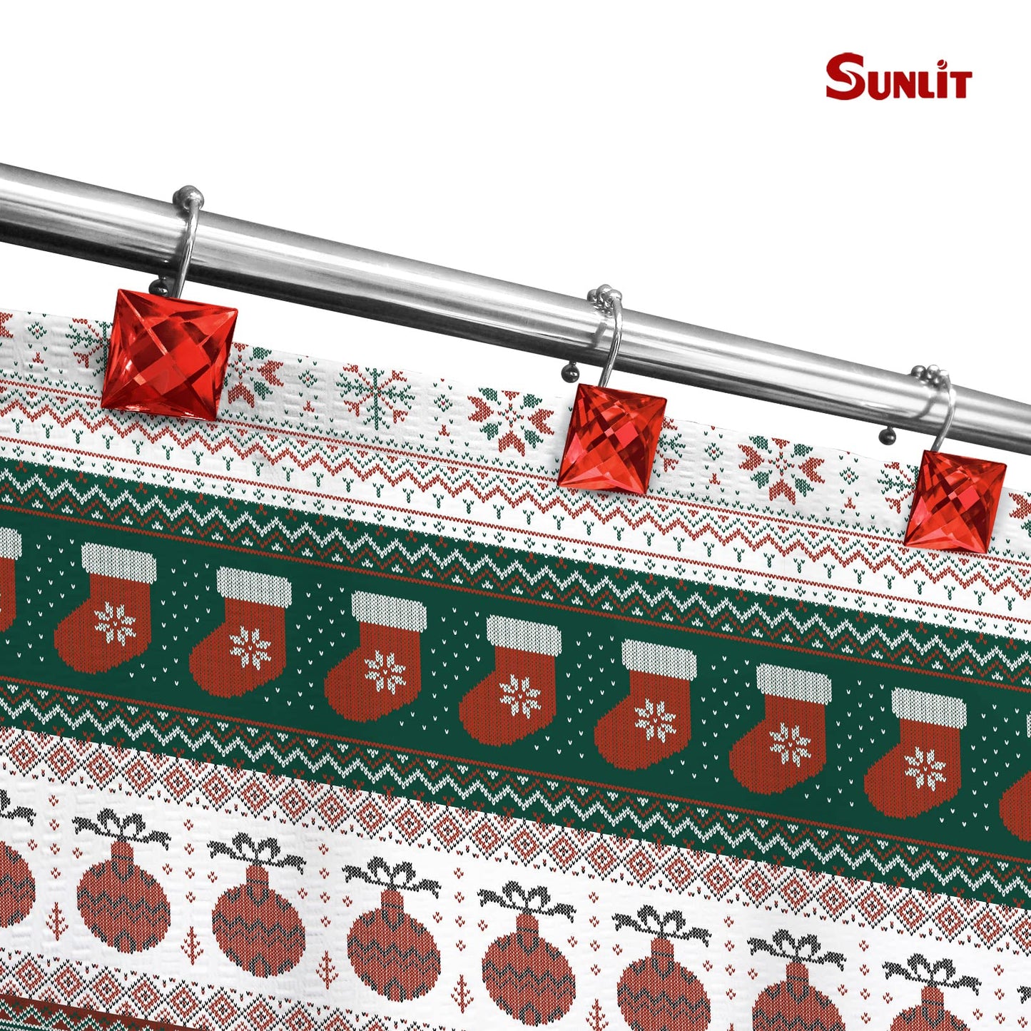 Sunlit Luxury Design Square Red Diamond Crystal Gem Bling with Glide Balls Shower Curtain Hooks, Rust Proof Metal Rhinestones Glam Shower Curtain Rings-12 Pack
