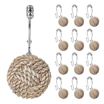 Sunlit Boho Knots Double Shower Curtain Hooks, Home Decorative White Shower Curtain Rings for Bathroom, Seaside Nautical Shower Curtain Hangers Bathroom Accessories, Set of 12