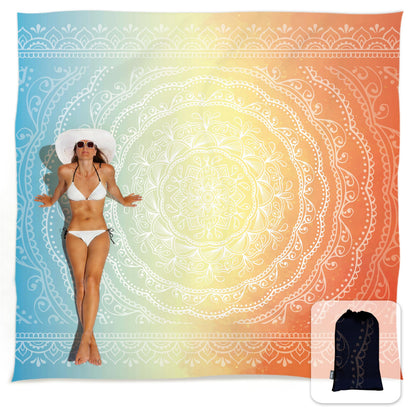 Sunlit Silky Soft Sand Proof Beach Blanket 106"x81" / 85"x72" Sand Proof Mat with Corner Pockets and Mesh Bag for Beach Party, Travel, Camping and Outdoor Music Festival, Mandala