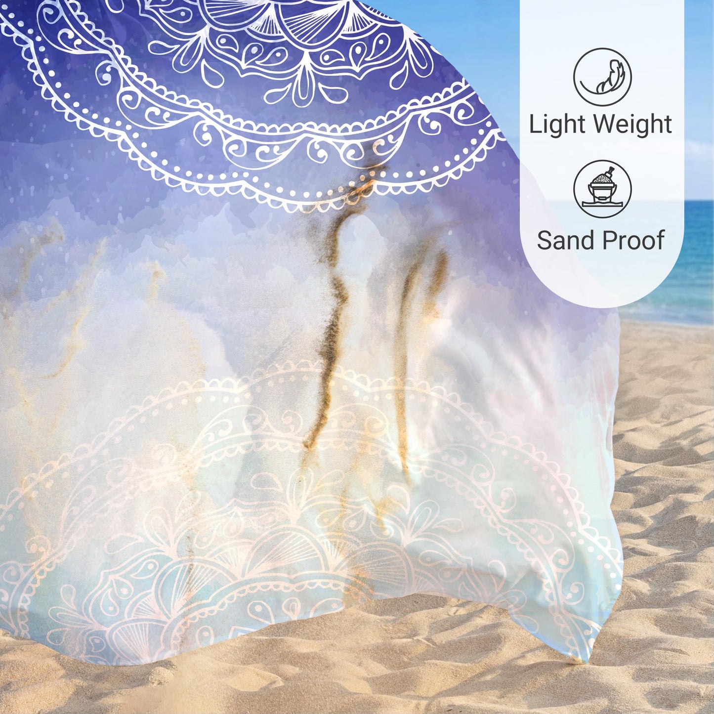 Sunlit Silky Soft Sand Proof Beach Blanket 106"x81" / 85"x72" Sand Proof Mat with Corner Pockets and Mesh Bag for Beach Party, Travel, Camping and Outdoor Music Festival, Mandala