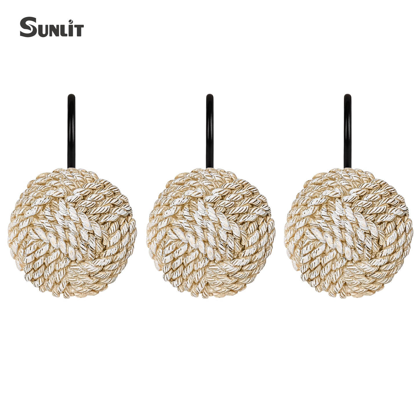 Sunlit Boho Knots Double Shower Curtain Hooks, Home Decorative White Shower Curtain Rings for Bathroom, Seaside Nautical Shower Curtain Hangers Bathroom Accessories, Set of 12