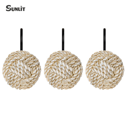 Sunlit Boho Knots Double Shower Curtain Hooks, Home Decorative White Shower Curtain Rings for Bathroom, Seaside Nautical Shower Curtain Hangers Bathroom Accessories, Set of 12