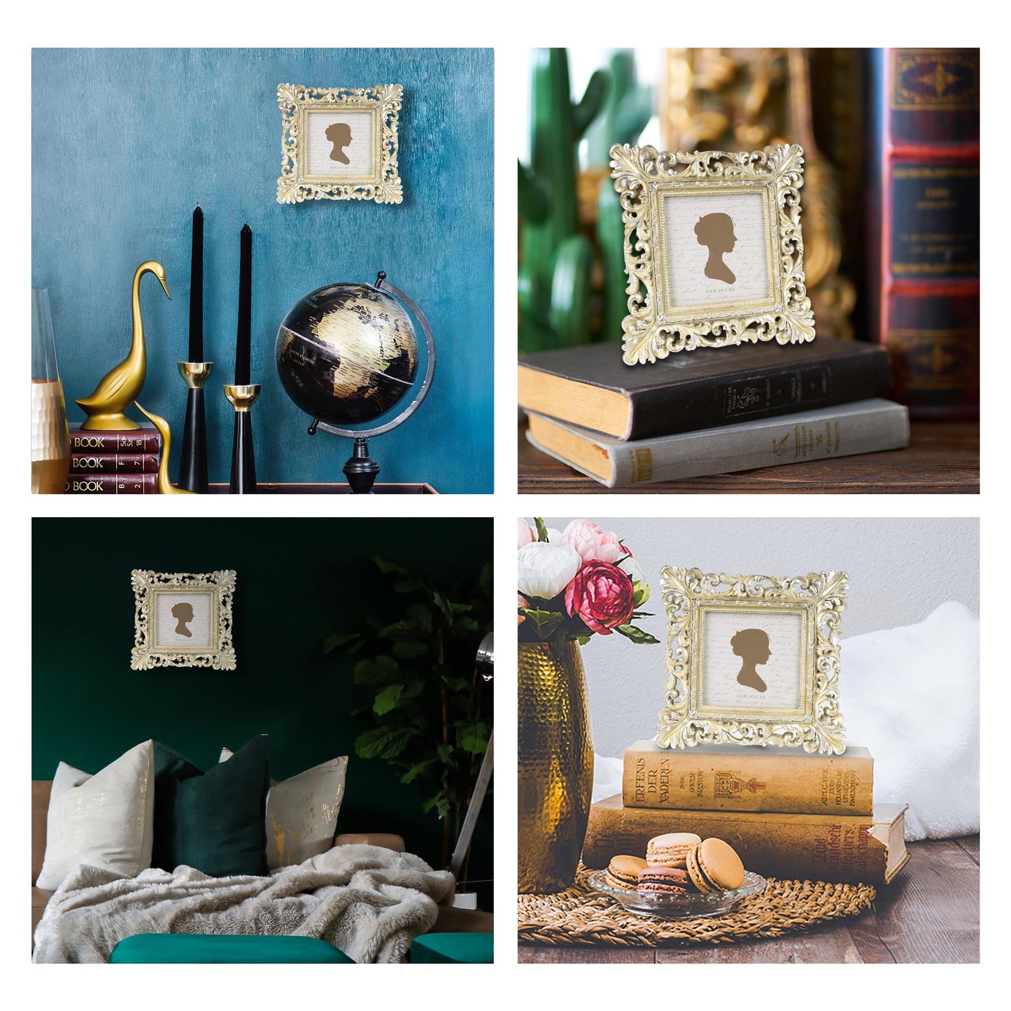 Sunlit Vintage Picture Frame 4x4 Inch, Luxury Antique Square Photo Frames with Glass Front, Photo Display, Tabletop Wall Hanging, Gift Ideas, Antique Gold Silver