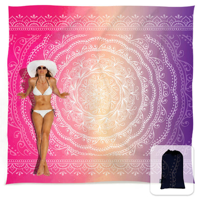 Sunlit Silky Soft Sand Proof Beach Blanket 106"x81" / 85"x72" Sand Proof Mat with Corner Pockets and Mesh Bag for Beach Party, Travel, Camping and Outdoor Music Festival, Mandala