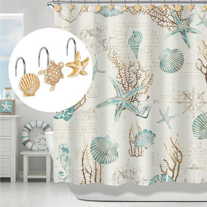 Sunlit Seashells Decorative Shower Curtain Hooks, Scallop Nautilus & Seahorse Shower Curtain Rings, Seashell Blush, Resin, Nautical Bathroom Decoration Beach Shower Curtain Hooks-12 Pack