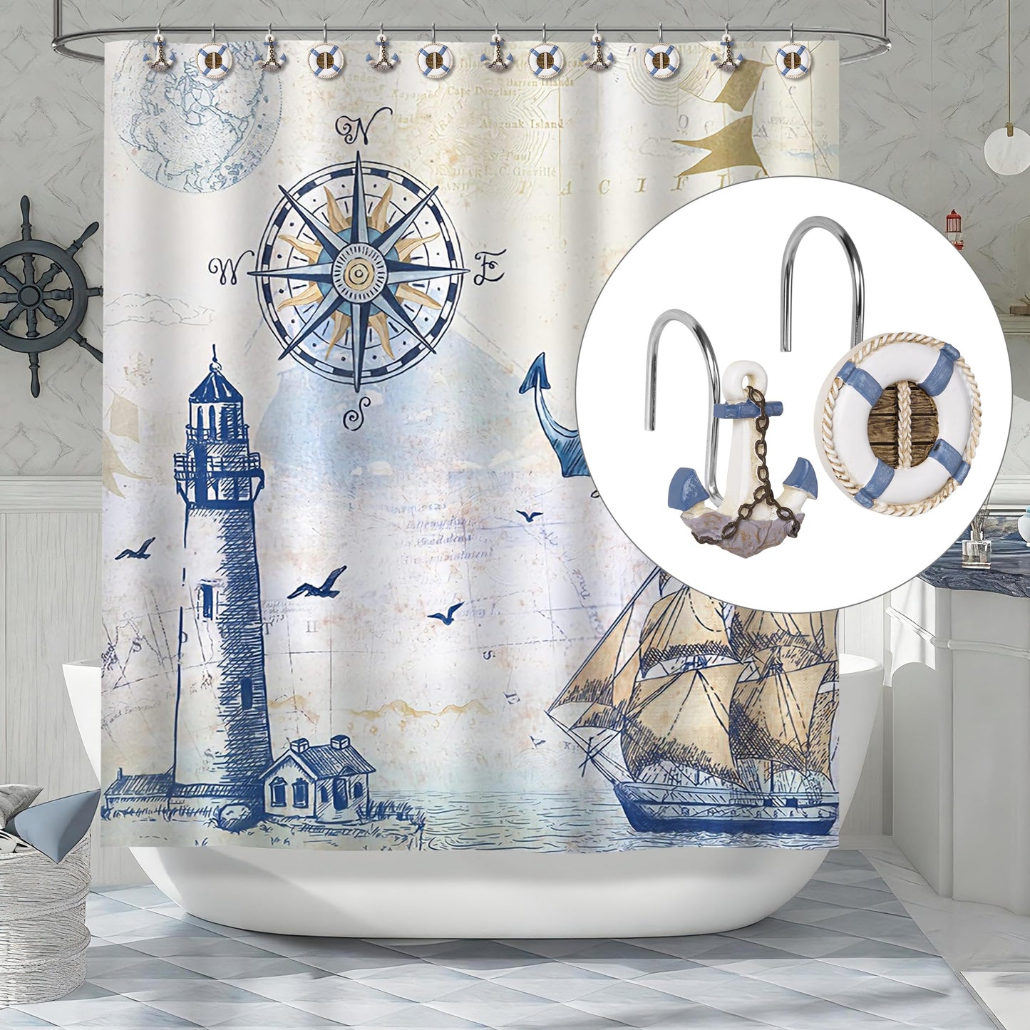Sunlit Nautical Shower Curtain Hooks, Home Decorative Coastal Shower Curtain Rings for Bathroom, Resin, Ocean Shower Curtain Hanger Hooks for Living Room, Set of 12, Blue Lighthouse Sailboat