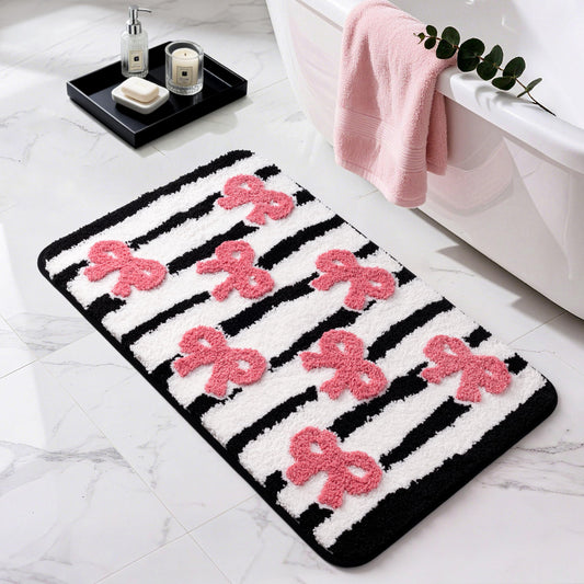 Sunlit Cute Bow Bathroom Rugs 32x20, Coquette Pink Bow Rug for Bedroom, Extra Soft Super Absorbent Bath Mat Quick Dry, Shaggy Bath Rug Non-Slip Washable Bathroom Floor Mat, Pink Stripe