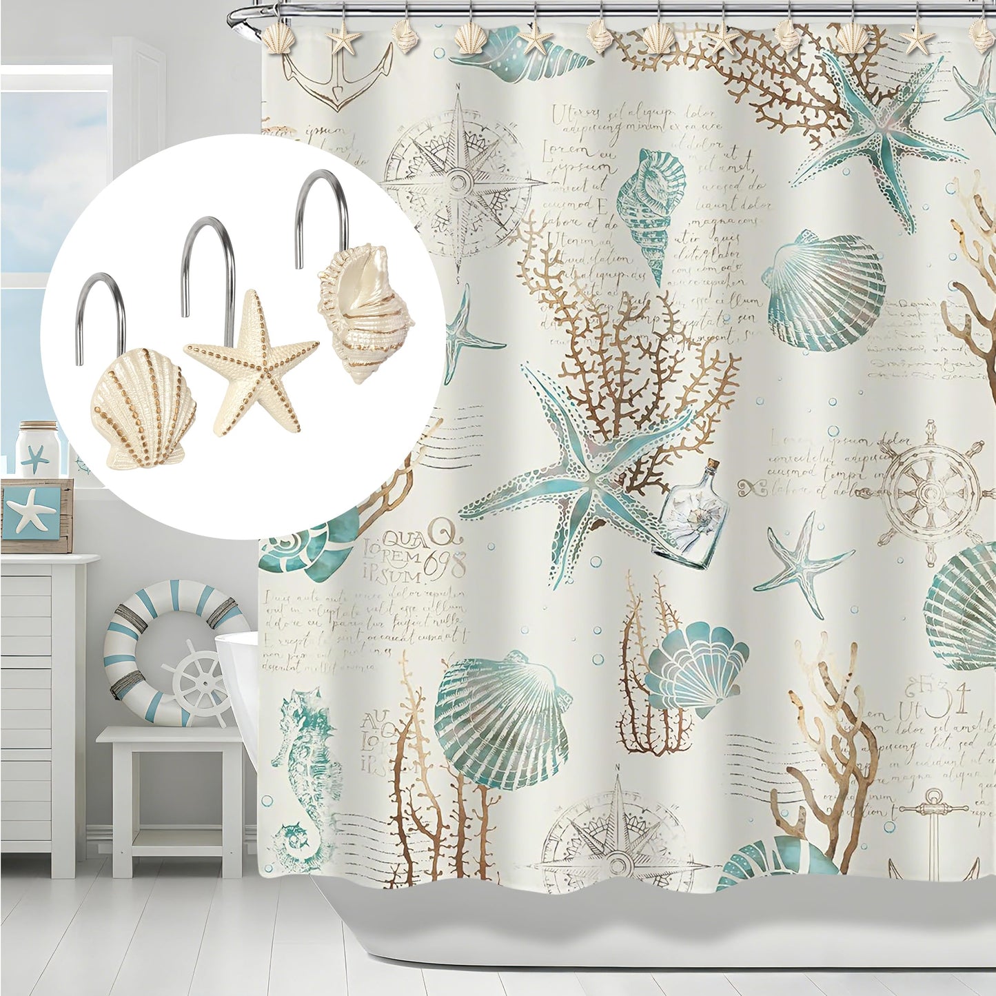 Sunlit Seashells Decorative Shower Curtain Hooks, Scallop Nautilus & Seahorse Shower Curtain Rings, Seashell Blush, Resin, Nautical Bathroom Decoration Beach Shower Curtain Hooks-12 Pack