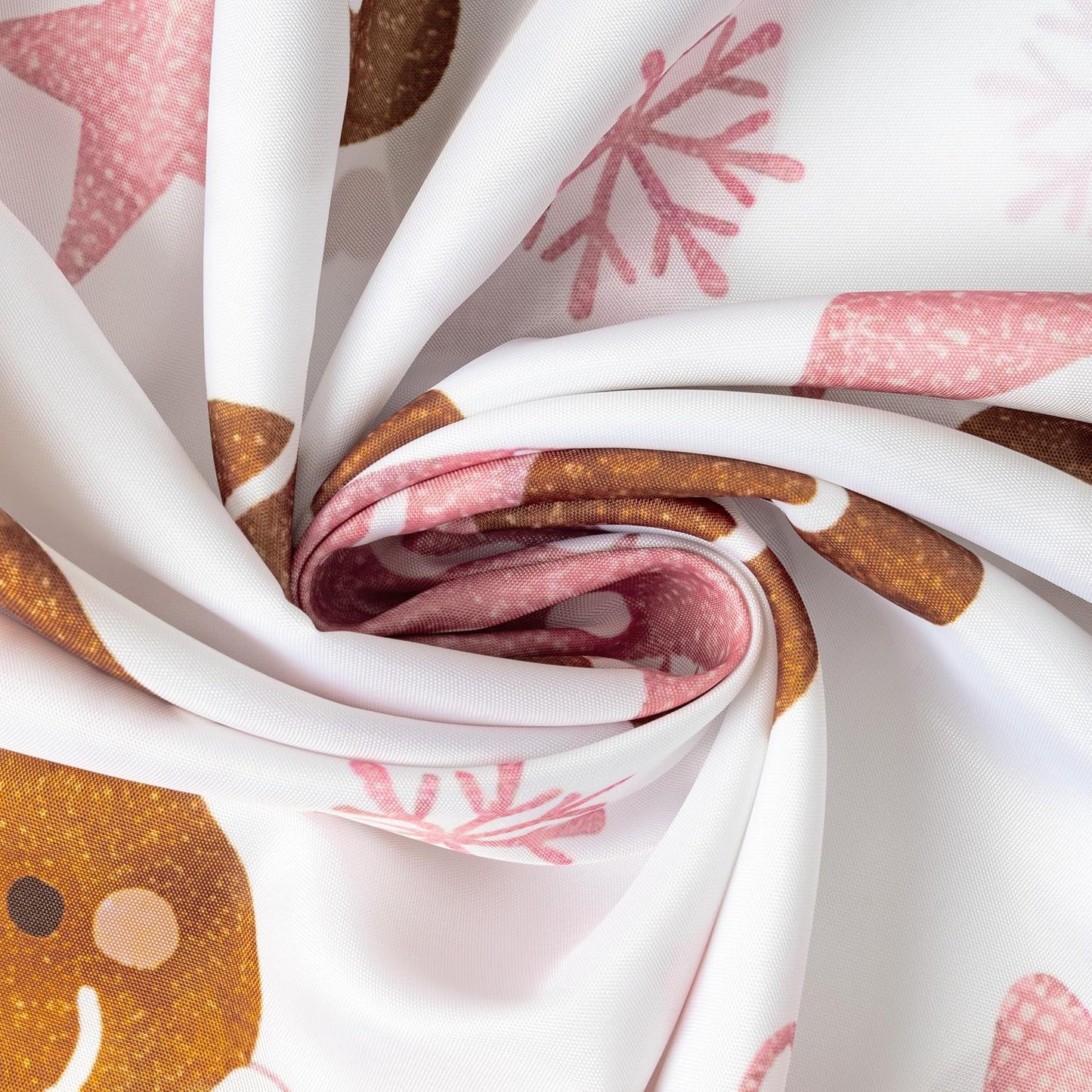Sunlit Christmas Shower Curtain, Cute Gingerbread Men, Pink Christmas Trees and Gifts with Snowflake Accents, Whimsical Holiday Bathroom Decor, 72" x 72"