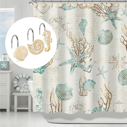 Sunlit Seashells Decorative Shower Curtain Hooks, Scallop Nautilus & Seahorse Shower Curtain Rings, Seashell Blush, Resin, Nautical Bathroom Decoration Beach Shower Curtain Hooks-12 Pack
