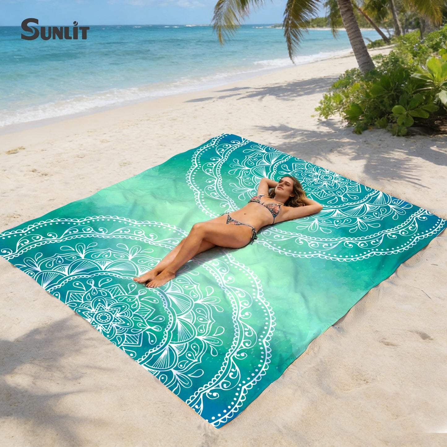 Sunlit Silky Soft Sand Proof Beach Blanket 106"x81" / 85"x72" Sand Proof Mat with Corner Pockets and Mesh Bag for Beach Party, Travel, Camping and Outdoor Music Festival, Mandala