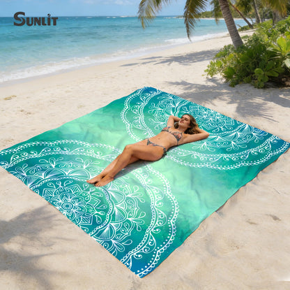 Sunlit Silky Soft Sand Proof Beach Blanket 106"x81" / 85"x72" Sand Proof Mat with Corner Pockets and Mesh Bag for Beach Party, Travel, Camping and Outdoor Music Festival, Mandala