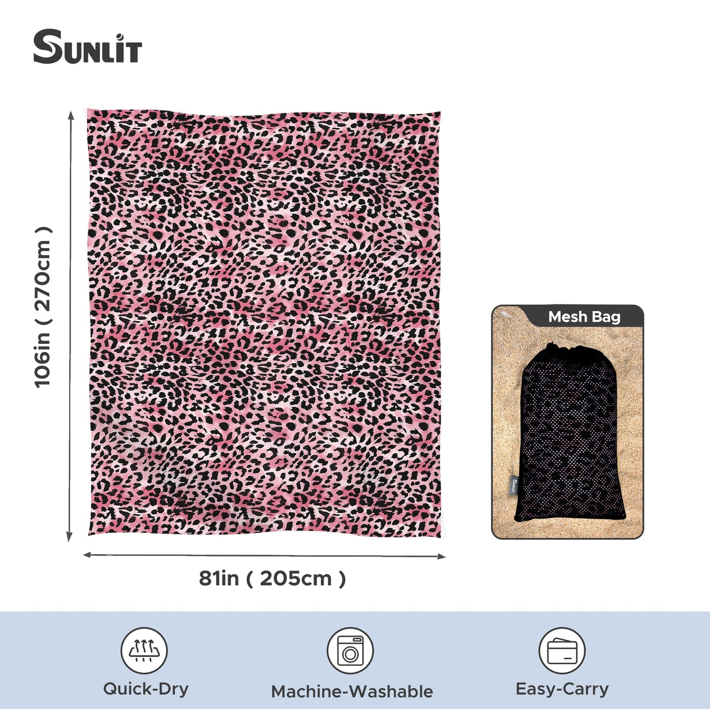 Sunlit Large Cheetah Beach Blanket Waterproof Sand Proof, 81" x106" Sand Free Beach Mat with Corner Pockets and Storage Bag, for Travel Beach Camping Outdoor Festival, Black Pink Leopard