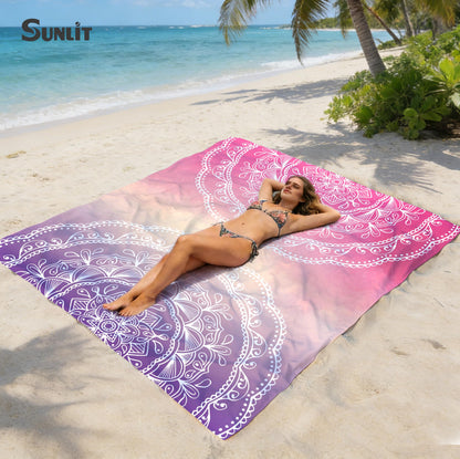 Sunlit Silky Soft Sand Proof Beach Blanket 106"x81" / 85"x72" Sand Proof Mat with Corner Pockets and Mesh Bag for Beach Party, Travel, Camping and Outdoor Music Festival, Mandala