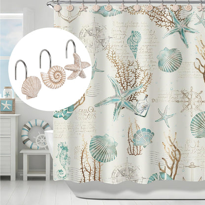 Sunlit Seashells Decorative Shower Curtain Hooks, Scallop Nautilus & Seahorse Shower Curtain Rings, Seashell Blush, Resin, Nautical Bathroom Decoration Beach Shower Curtain Hooks-12 Pack
