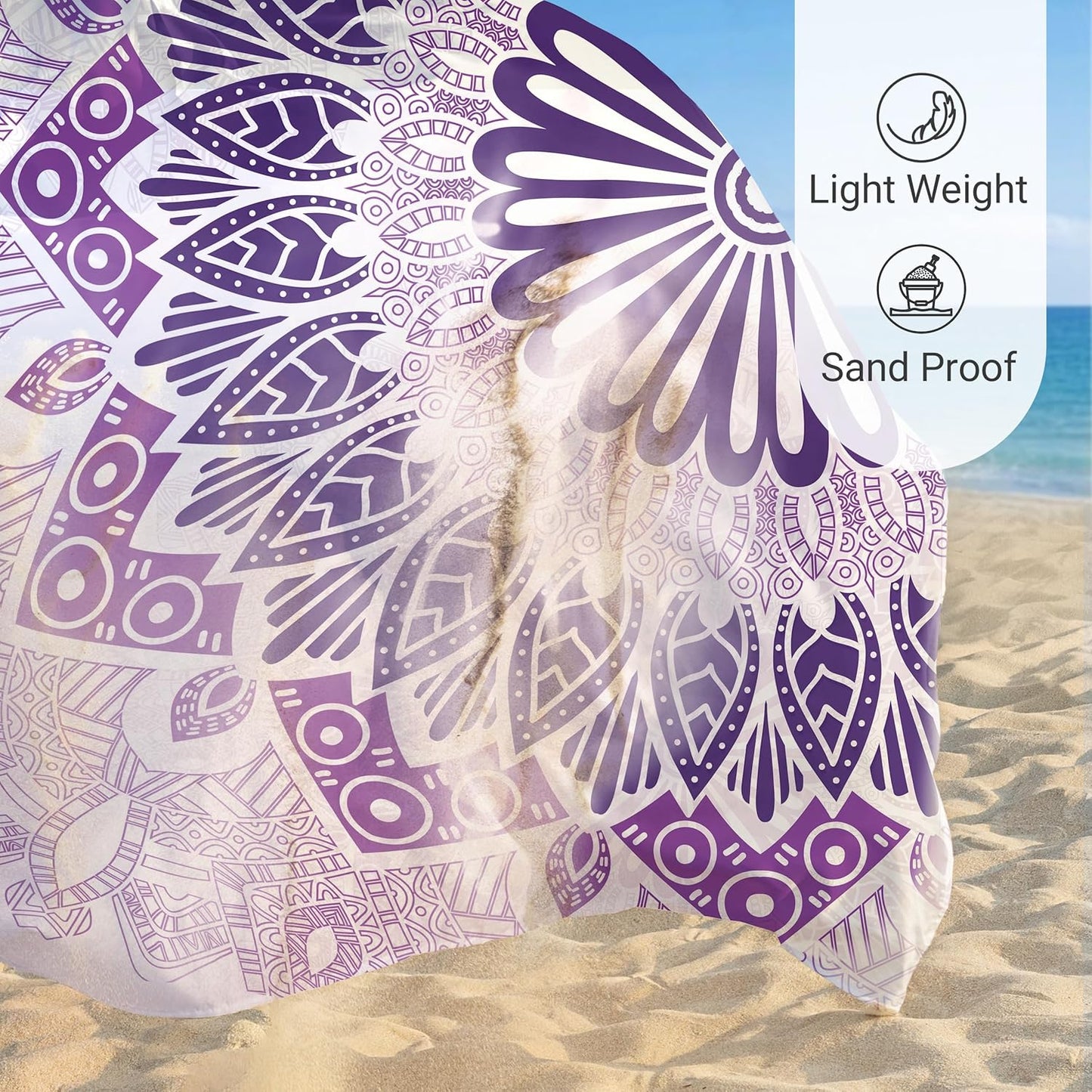 Sunlit Silky Soft 81"x106" Sand Proof Beach Blanket Sand Proof Mat with Corner Pockets and Fashion Mesh Bag for Beach Party, Travel, Camping and Outdoor Music Festival, Boho Lilac Mandala