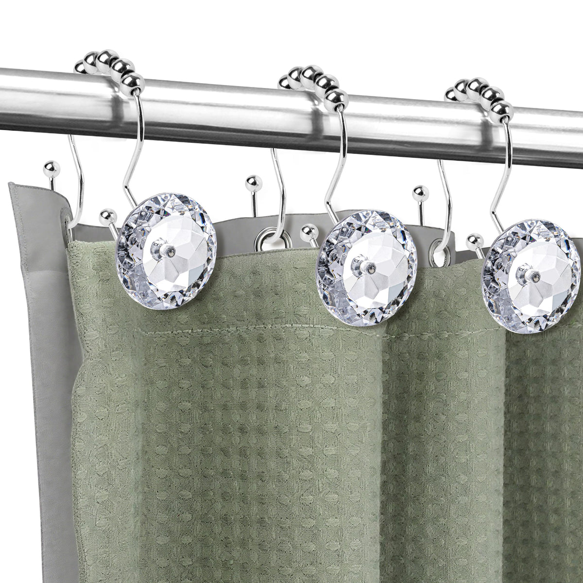 Sunlit Round Rhinestone Shower Curtain Hooks with Glide Balls, 12 Pack