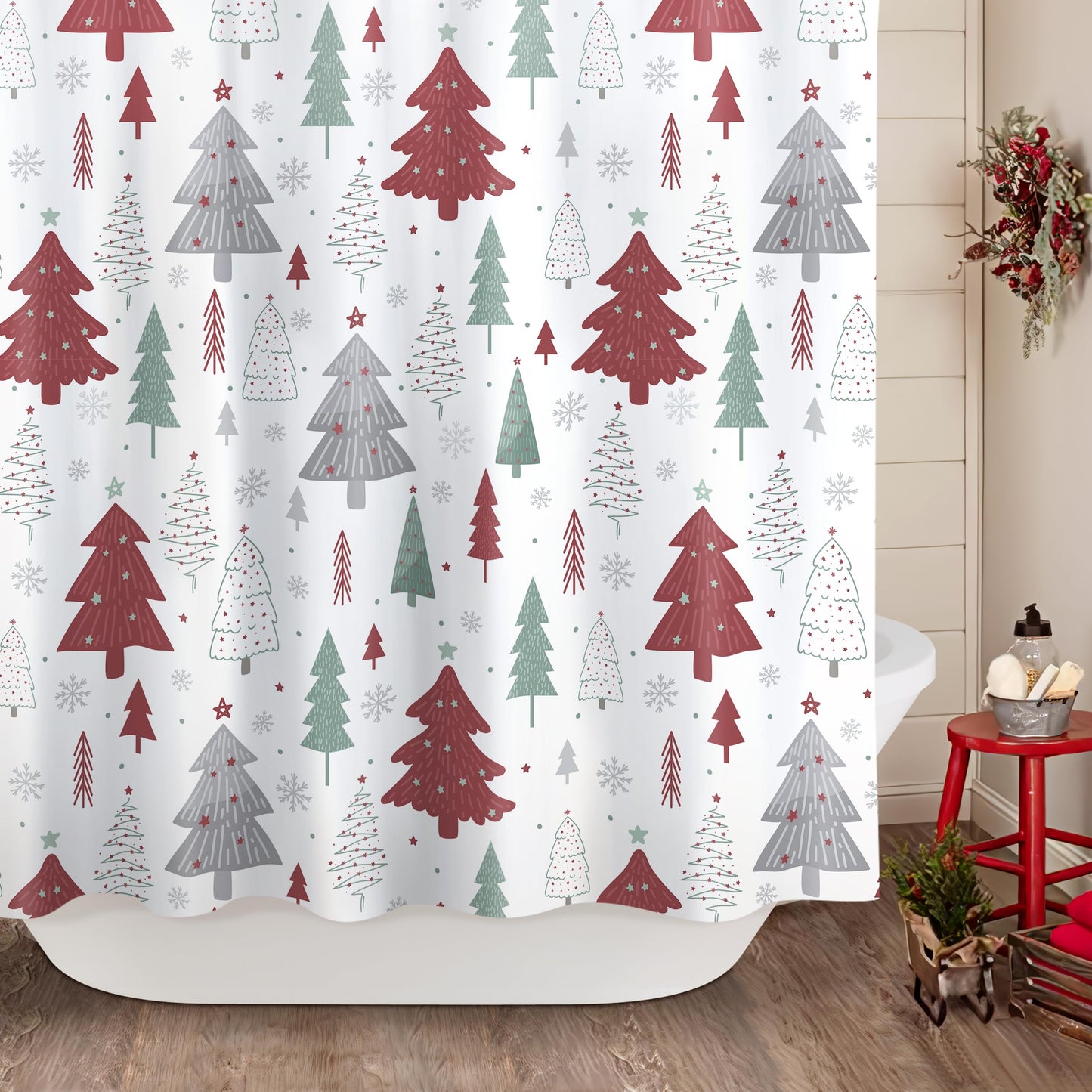 Sunlit Christmas Shower Curtain, Red and Gray Xmas Trees with Stars and Snow Pattern Shower Curtain for Bathroom Decor, 71x71 Inch