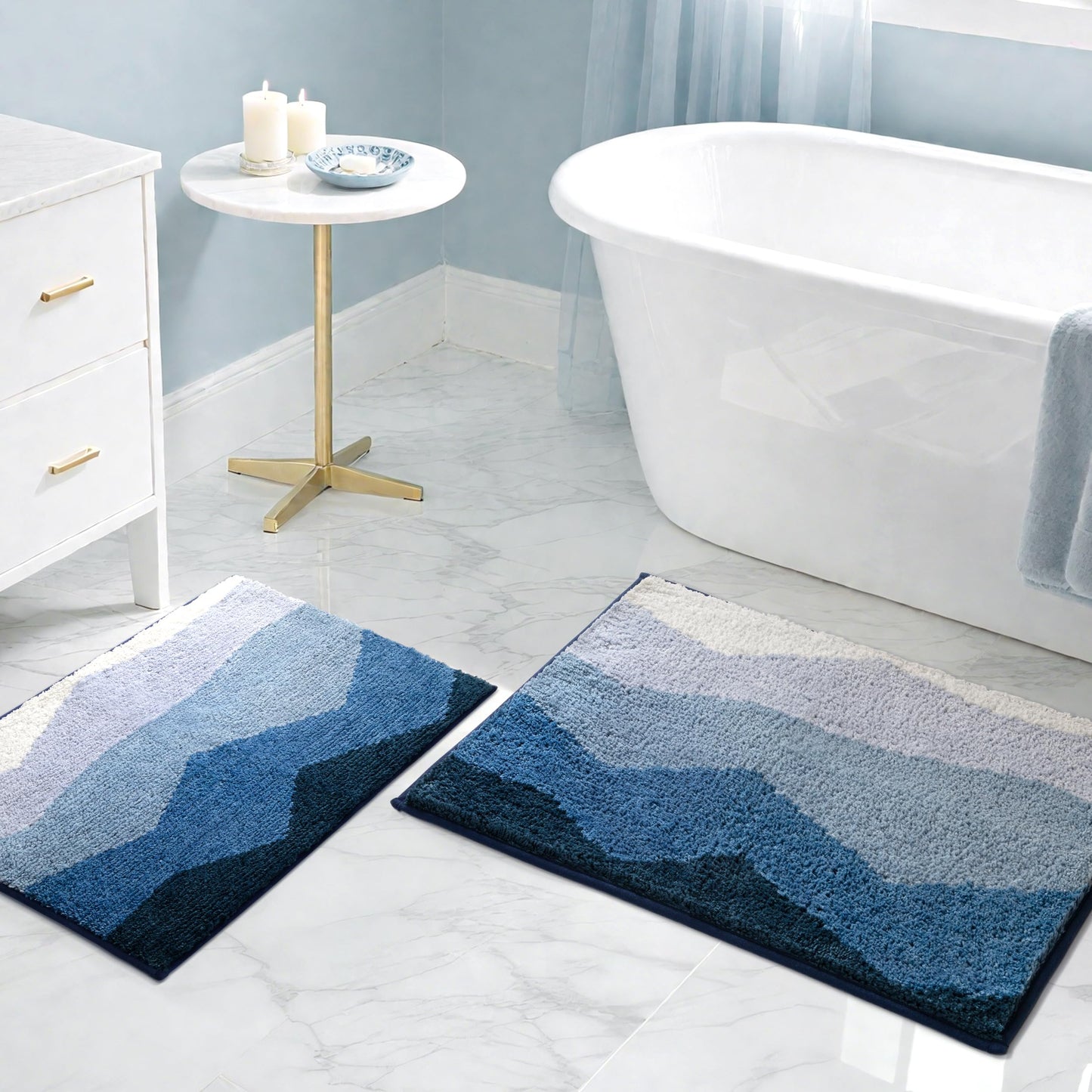 Sunlit 17"x24" Ombre Blue Bathroom Rug Non-Slip Absorbent Soft Bath Mat Set, Floor Mat Dry Fast Machine Washable.