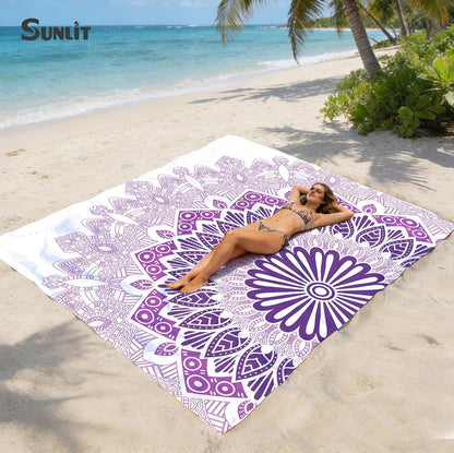 Sunlit Silky Soft 81"x106" Sand Proof Beach Blanket Sand Proof Mat with Corner Pockets and Fashion Mesh Bag for Beach Party, Travel, Camping and Outdoor Music Festival, Boho Lilac Mandala