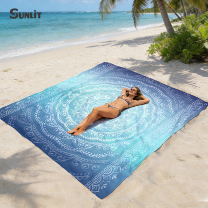 Sunlit Silky Soft Sand Proof Beach Blanket 106"x81" / 85"x72" Sand Proof Mat with Corner Pockets and Mesh Bag for Beach Party, Travel, Camping and Outdoor Music Festival, Mandala