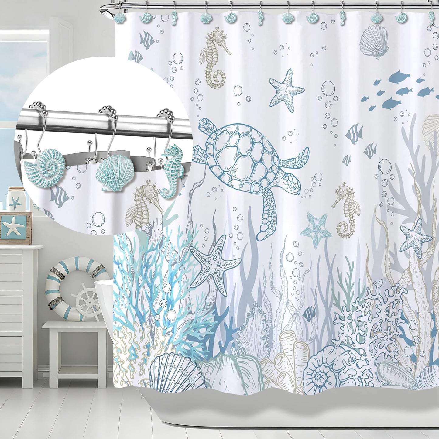 Sunlit Seashells Decorative Shower Curtain Hooks, Aqua Blue Ocean Creatures Coastal Shower Curtain Rings with Black Hooks, Resin, Nautical Bathroom Decoration Beach Shower Curtain Hooks, Set of 12