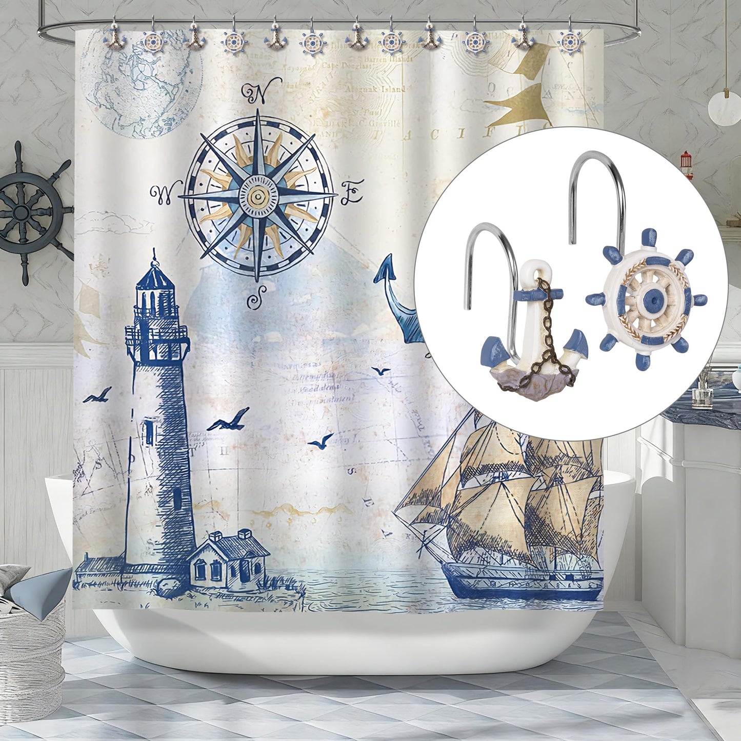 Sunlit Nautical Shower Curtain Hooks, Home Decorative Coastal Shower Curtain Rings for Bathroom, Resin, Ocean Shower Curtain Hanger Hooks for Living Room, Set of 12, Blue Lighthouse Sailboat