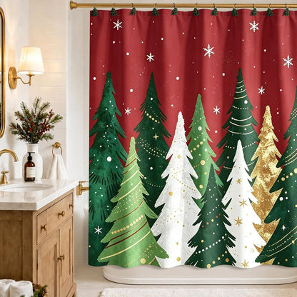 Sunlit Red Christmas Shower Curtain, Christmas Pine Tree with Snowflakes Fabric Shower Curtain, Festive Winter Bathroom Decor, 72" x 72"