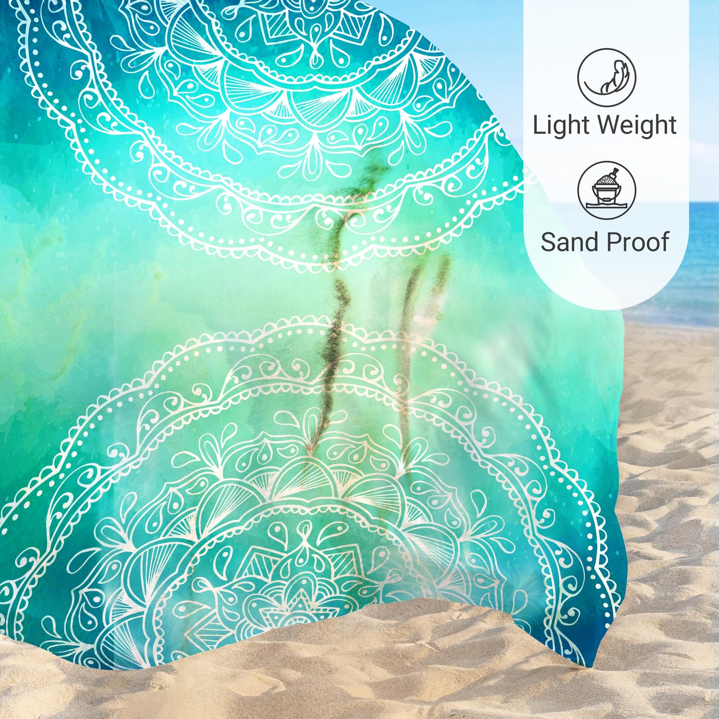 Sunlit Silky Soft Sand Proof Beach Blanket 106"x81" / 85"x72" Sand Proof Mat with Corner Pockets and Mesh Bag for Beach Party, Travel, Camping and Outdoor Music Festival, Mandala