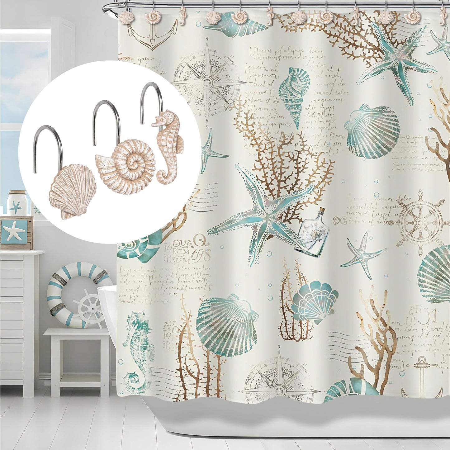 Sunlit Seashells Decorative Shower Curtain Hooks, Scallop Nautilus & Seahorse Shower Curtain Rings, Seashell Blush, Resin, Nautical Bathroom Decoration Beach Shower Curtain Hooks-12 Pack