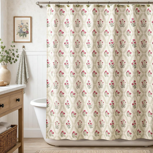 Sunlit Block Print Polyester-Cotton Fabric Shower Curtain, Beige Floral Trellis Pattern Bath Curtain, Vintage Farmhouse Bathroom Decor, 72 x 72 Inches, Pink Flower