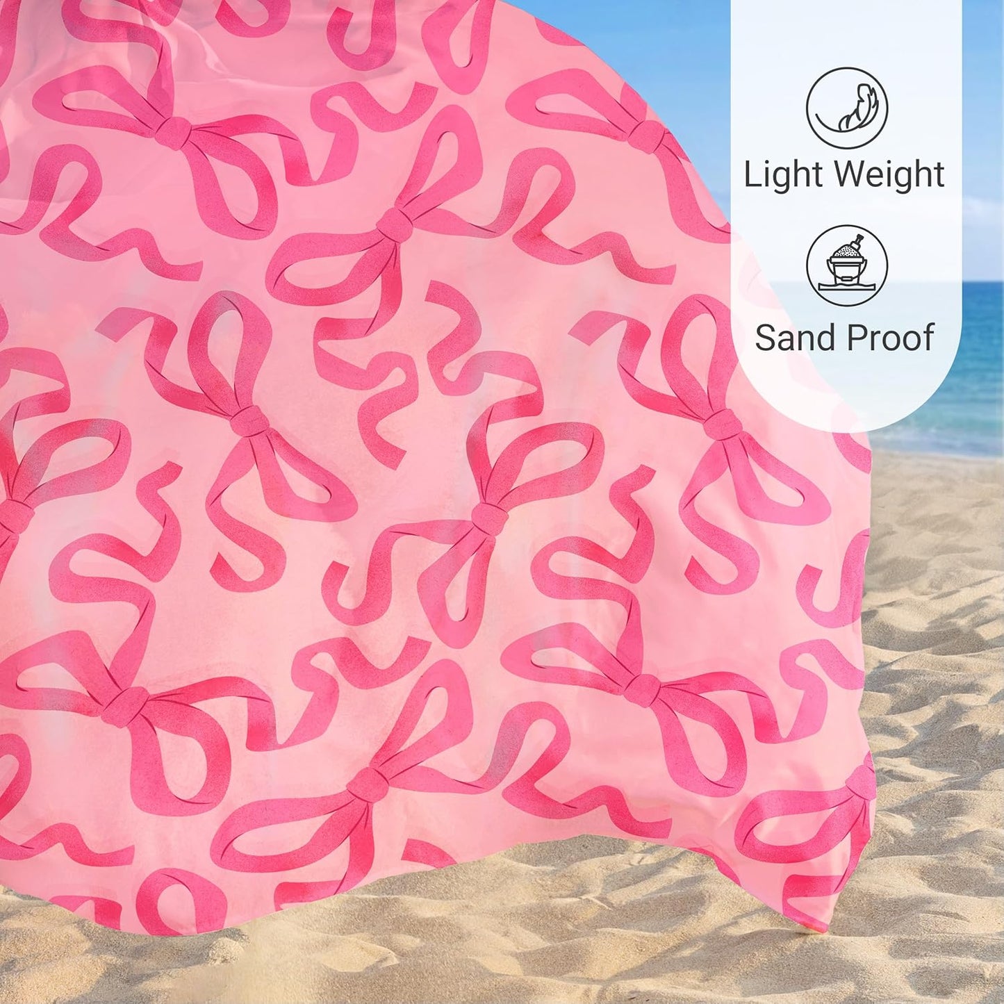 Sunlit Large Beach Blanket Waterproof Sand Proof, 81" x106" Sand Free Beach Mat Anchored Pockets and Storage Bag, for Travel Beach Camping Outdoor Festival, Coquette Pink Bow