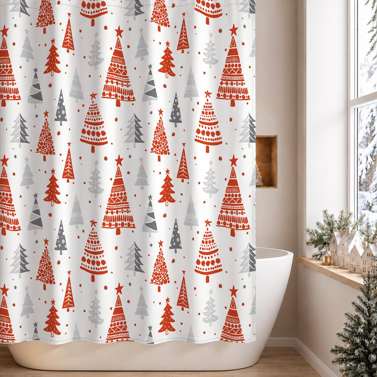Sunlit Christmas Shower Curtain, Blue and Gray Xmas Trees with Stars and Snow Pattern Shower Curtains for Bathroom Decor, Winter Snowflake Pine Tree Bathroom Curtains, 71x71 Inch