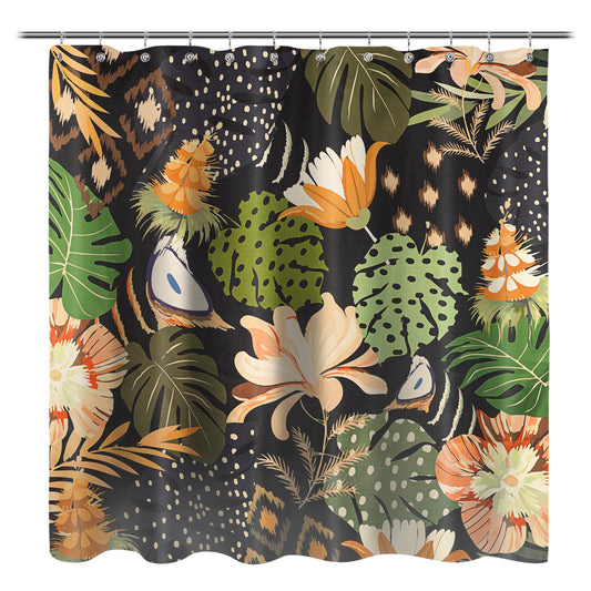 Sunlit Boho Black Fabric Shower Curtain, Vibrant Tropical Leaves Shower Curtains for Modern Bathroom Decor, Colorful Monstera Shower Curtain, 72x72