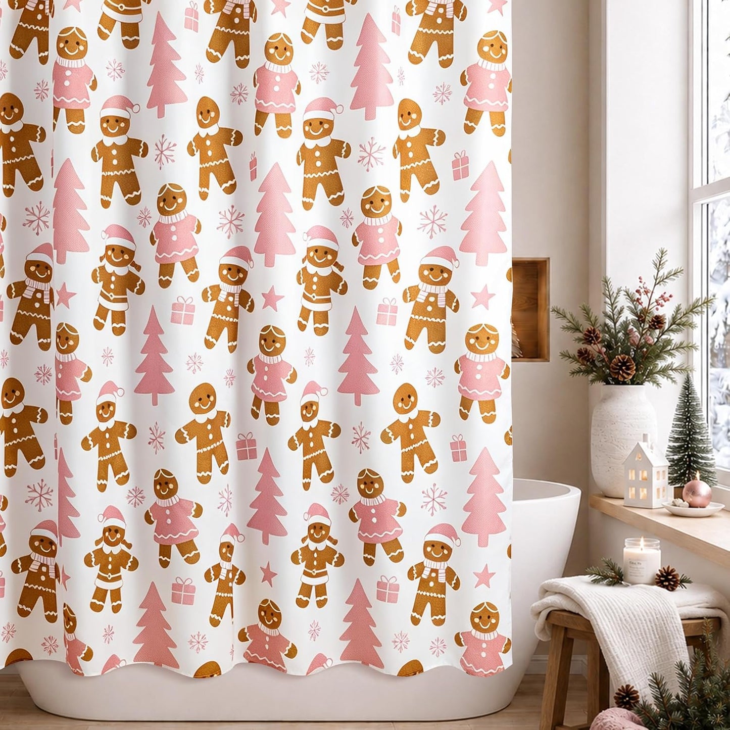 Sunlit Christmas Shower Curtain, Cute Gingerbread Men, Pink Christmas Trees and Gifts with Snowflake Accents, Whimsical Holiday Bathroom Decor, 72" x 72"