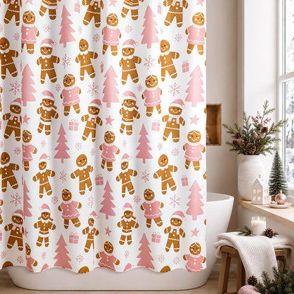 Sunlit Christmas Shower Curtain, Cute Gingerbread Men, Pink Christmas Trees and Gifts with Snowflake Accents, Whimsical Holiday Bathroom Decor, 72" x 72"