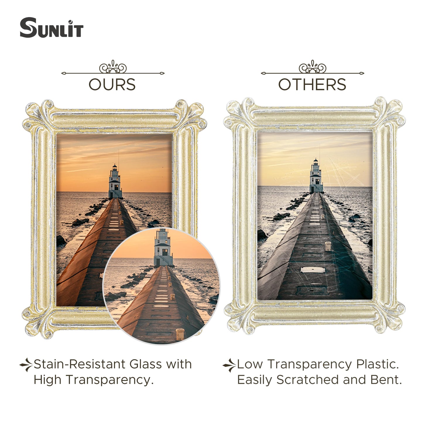 Sunlit Small Vintage Picture Frame 2.5x3.5 Inch, Antique Mini Photo Frames with Glass Front, Luxury Wallet Size Picture Frames, Photo Display Tabletop Wall Hanging Gift Ideas, Slivery Light Gold