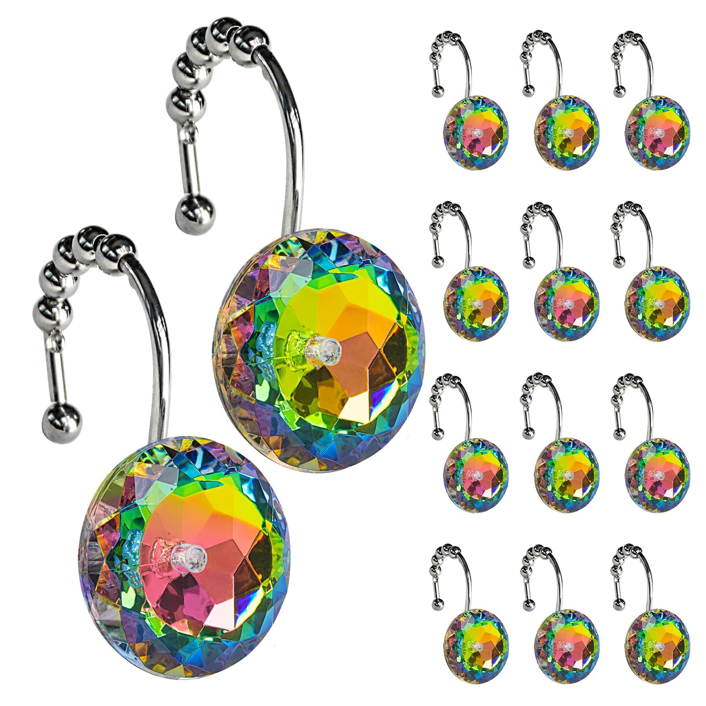 Sunlit Luxury Design Round Yellow Diamond Crystal Gem Bling with Glide Balls Shower Curtain Hooks, Rust Proof Metal Rhinestones Glam Shower Curtain Rings-12 Pack