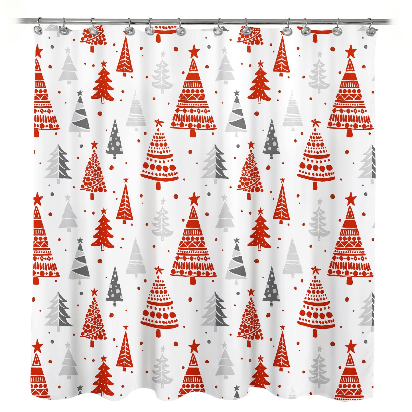 Sunlit Christmas Shower Curtain, Red and Gray Xmas Trees with Stars and Snow Pattern Shower Curtain for Bathroom Decor, 71x71 Inch