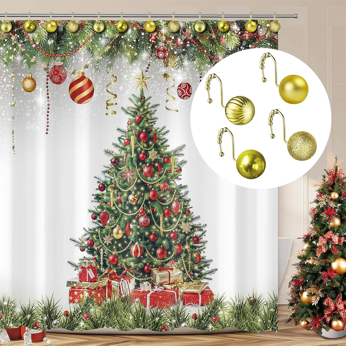 Sunlit Christmas Balls Decorative Shower Curtain Hooks, Shower Curtain Rings with Roller Balls, Xmas Theme Winter Holiday Bathroom Decoration, Set of 12, Golden