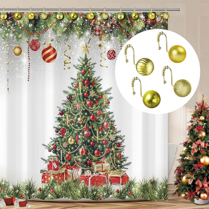 Sunlit Christmas Balls Decorative Shower Curtain Hooks, Shower Curtain Rings with Roller Balls, Xmas Theme Winter Holiday Bathroom Decoration, Set of 12, Golden