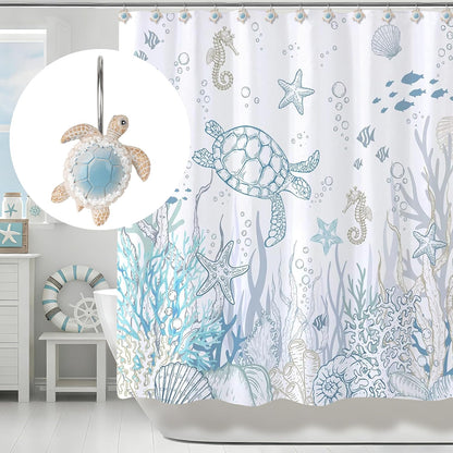 Sunlit Sea Turtle Shower Curtain Hooks with Pearl Accents, Nautical Home Decorative Shower Curtain Rings, Hand-Painted Resin, Cute Ocean Shower Curtain Hanger Hooks for Kids Bathroom, Set of 12