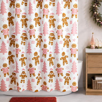 Sunlit Christmas Shower Curtain, Cute Gingerbread Men, Pink Christmas Trees and Gifts with Snowflake Accents, Whimsical Holiday Bathroom Decor, 72" x 72"