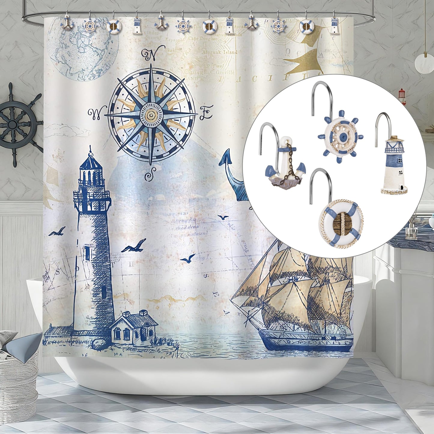 Sunlit Nautical Shower Curtain Hooks, Home Decorative Coastal Shower Curtain Rings for Bathroom, Resin, Ocean Shower Curtain Hanger Hooks for Living Room, Set of 12, Blue Lighthouse Sailboat