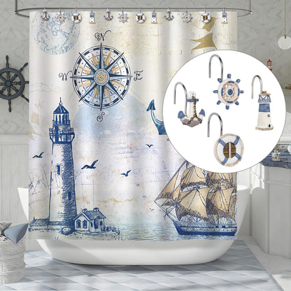Sunlit Nautical Shower Curtain Hooks, Home Decorative Coastal Shower Curtain Rings for Bathroom, Resin, Ocean Shower Curtain Hanger Hooks for Living Room, Set of 12, Blue Lighthouse Sailboat