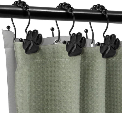 Sunlit Fashion Design Cute Paw Print Polished Double Shower Curtain Hooks for Dog Cat and Bear, Rust Proof Oil Metal Shower Curtain Rings, Black-12 Pack