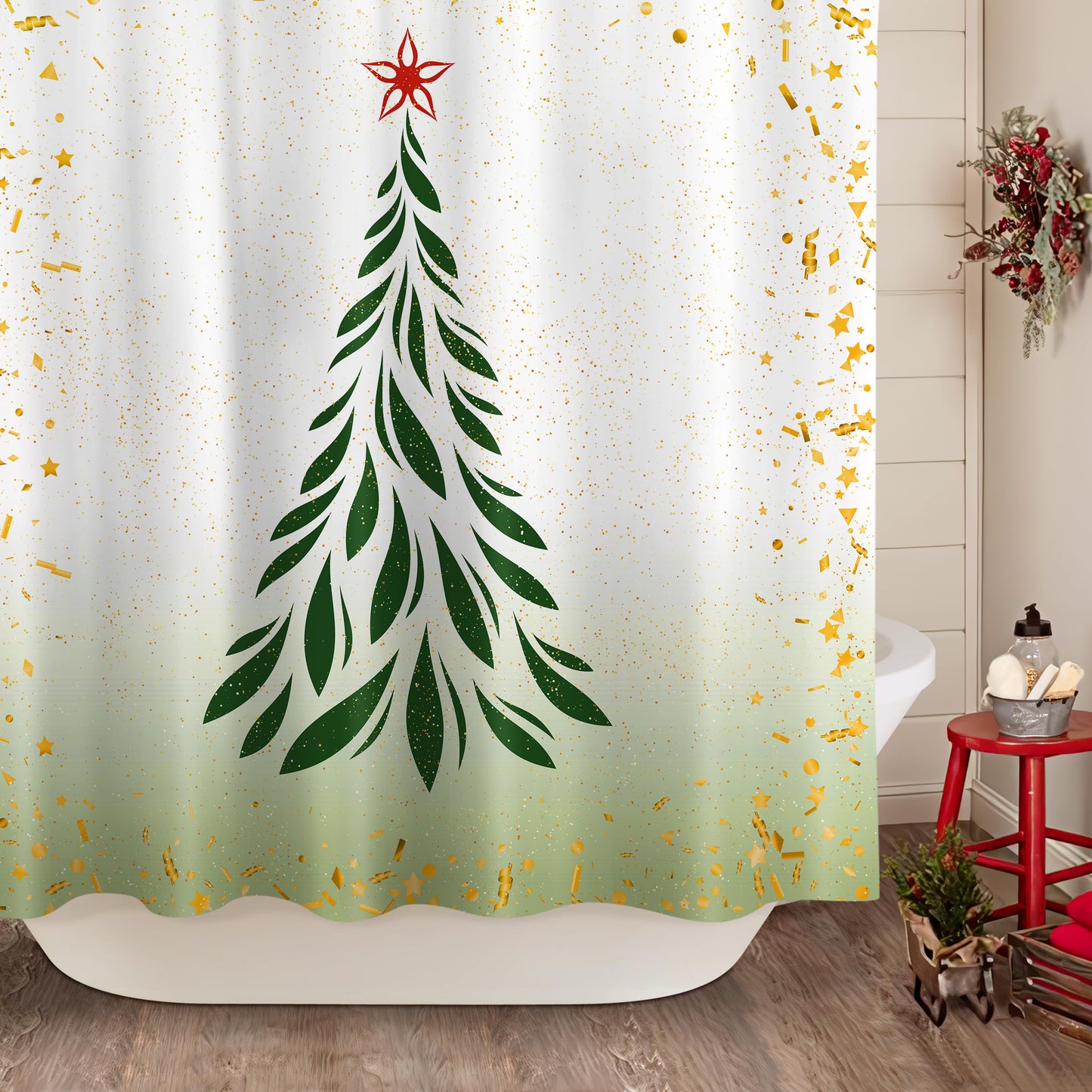 Sunlit Christmas Shower Curtain, Green Xmas Pine Tree with Red Star Ornament Holiday Floral Holly Berries Decorations Festive Bathroom Fabric Shower Curtain, Home Decor Tapestry, 72" x 72"